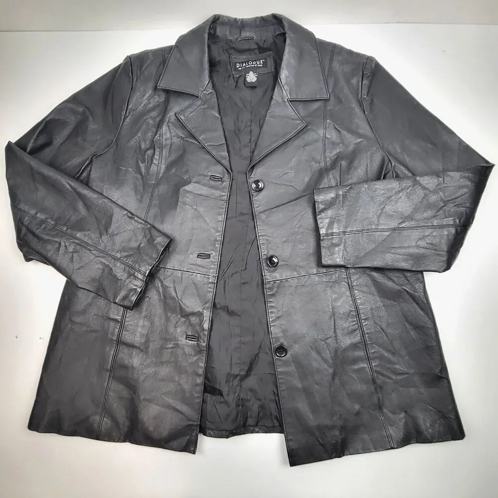 Dialogue Womens 100% Leather Jacket Blazer Button Coat Size XL